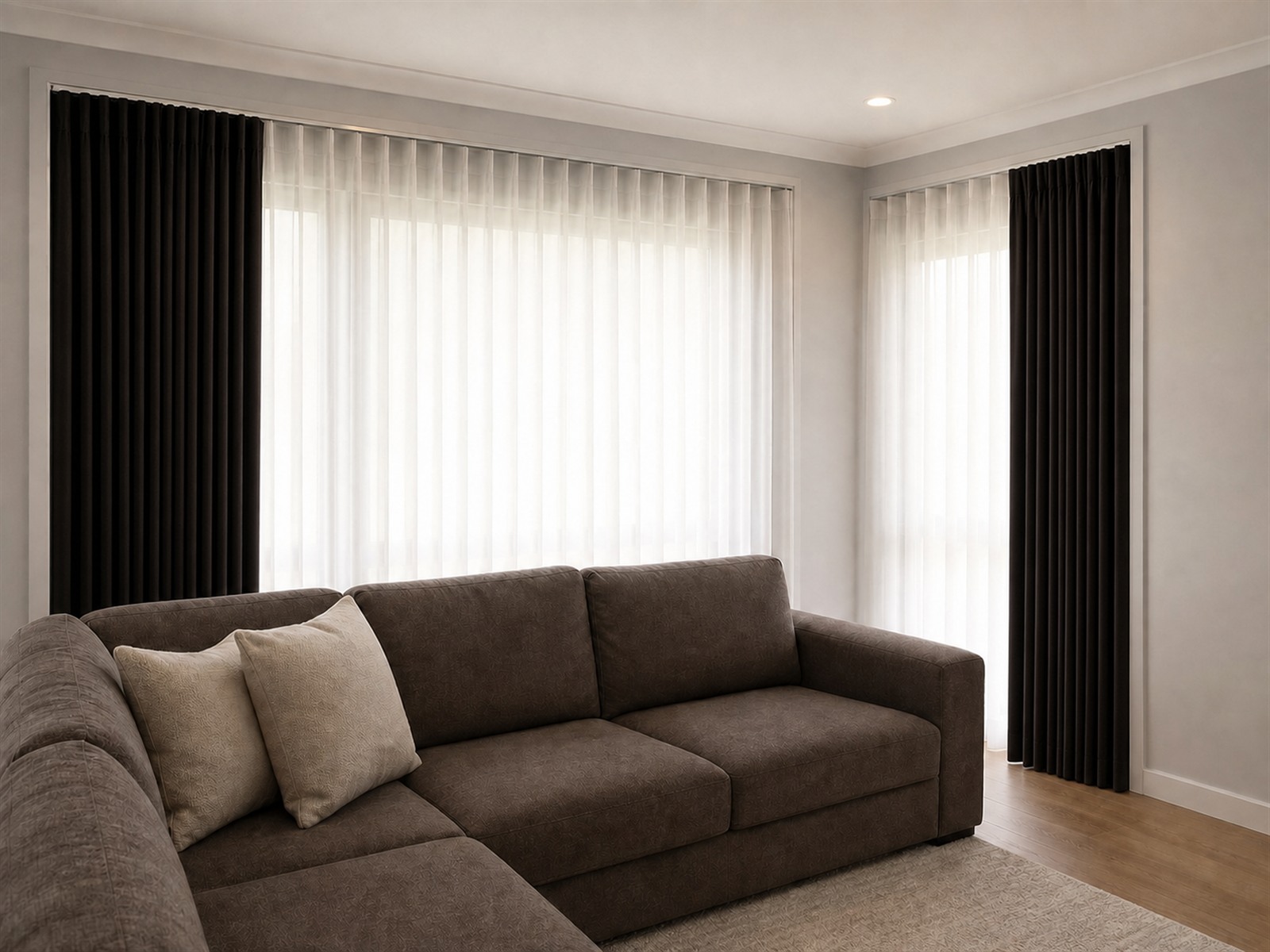 Blockout and sheer curtains in a lounge room